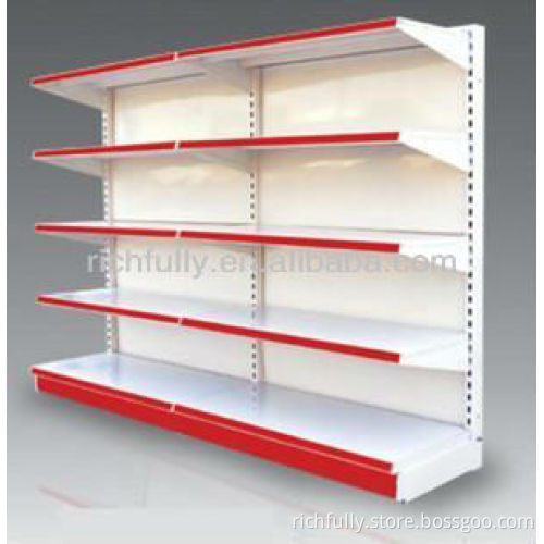 Steel Back Panel Supermarket Wall Shelf with holes on the panels